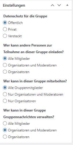 buddyboss gruppenoptionen